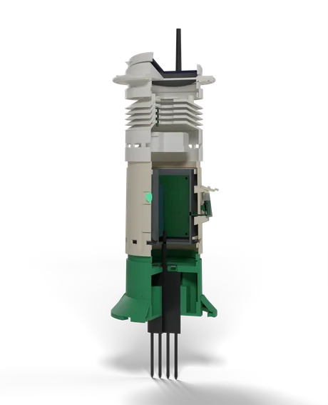Cross-section render of the IrrigAims pod showing the sealed electronics core and wiring inside the shroud