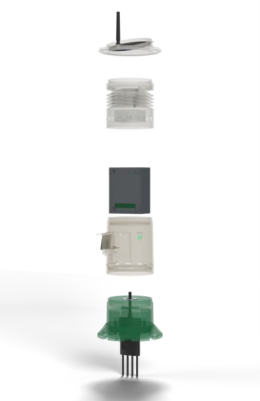 Exploded view of the IrrigAims pod showing the antenna cap, vented shroud, camera and sensor boards, and base as separated layers