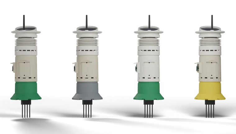 Four IrrigAims pod chassis in different base colours, showing the same core across builds