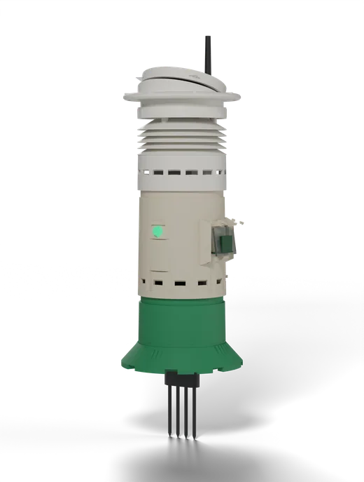 IrrigAims pod chassis: sealed electronics core with solar panel, sub-GHz antenna and status light