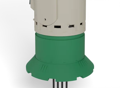 Close-up of the IrrigAims 8-in-1 soil probe housing at the base of the pod
